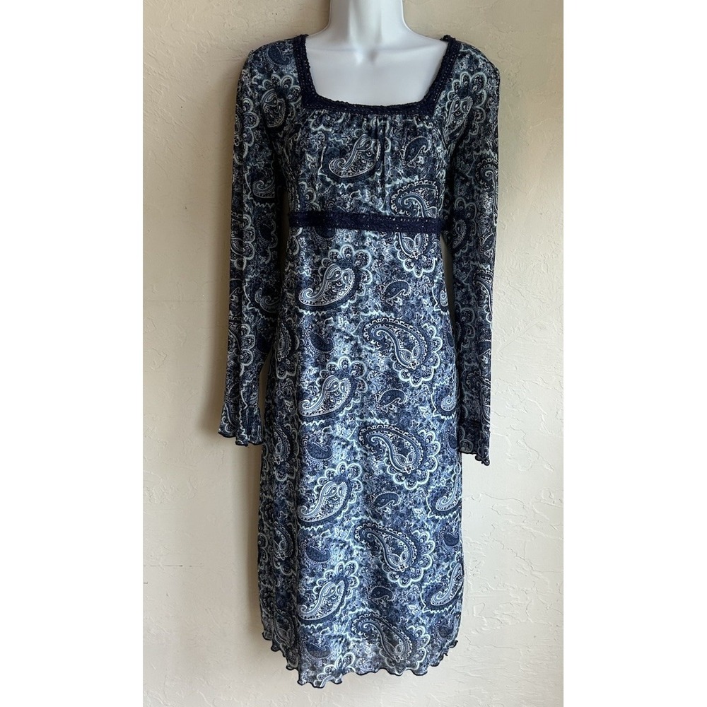 Vintage 90s Y2K Blue Paisley Midi Dress XL Boho Fairy Grunge Crochet Milkmaid
